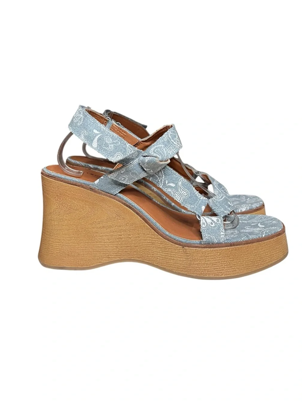 🌻NEW NWOT Lucky Brand Demmia Platform Wedge Sandals Blue Denim Paisley Size 11